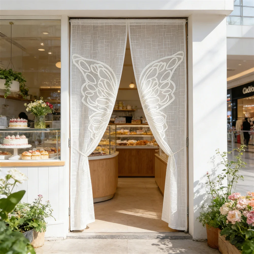 Butterfly Wing Door Curtain DIY Cut‑able Lace Semi‑Sheer Noren Curtain Romantic Fairy Partition Curtain for Bedroom Cafe Decor