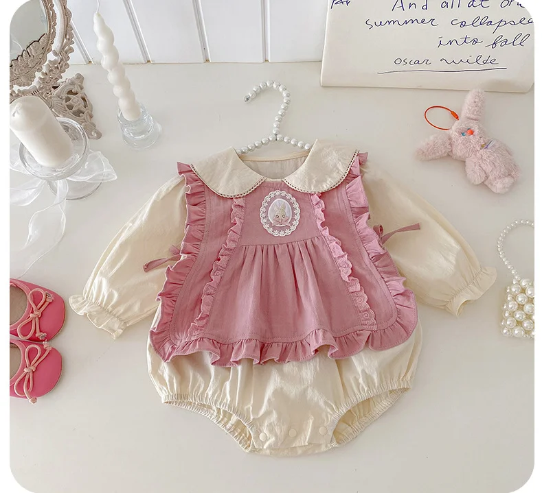 

New Baby Girls Sping & Fall Long Sleeve Sets, Blouse + Pink Romper Princess Fashion Suits 0-2T