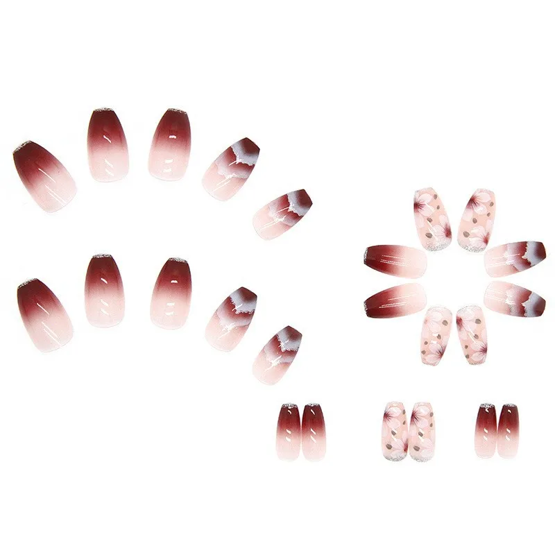 24pcs Fresh Summer Fairy Flower Pattern Nail Art Fake Nails With Glue Pink Purple Short Wearable False Nails Wearing Tools SN47