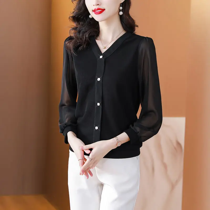 Korean Women Spring Summer Long Sleeve Chiffon Shirt Black V-neck Loose Fashion Casual Versatile Office Lady Elegant Blouse 2023