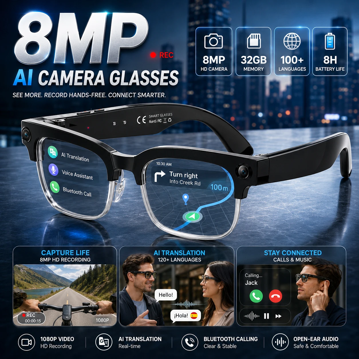 Smart Glasses Lens - แว่นตาอัจฉริยะ AI รุ่นใหม่ล่าสุดปี 2026 กล้อง 8MP