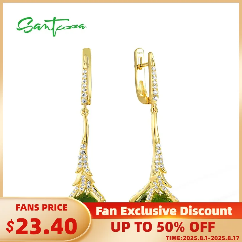 

SANTUZZA Genuine 925 Sterling Silver Earrings For Women Sparkling White Cubic Zirconia Green Glass Yellow Plating Fine Jewelry