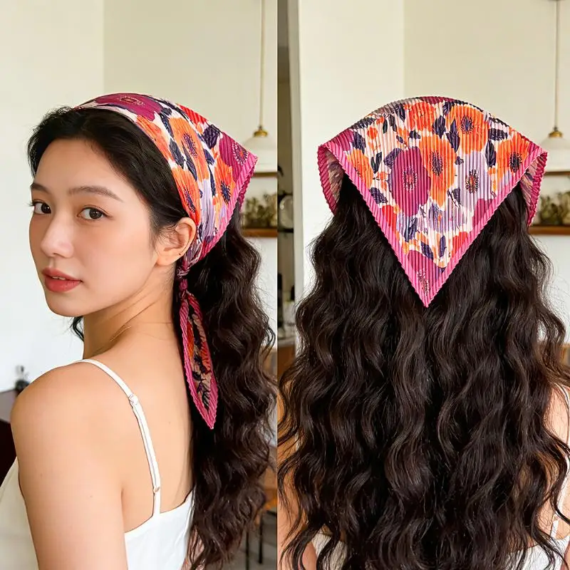 

Женский шелковый платок с ромбовидными складками и цветочным принтом, ретро-шарф на шею, декоративная бандана, модный аксессуар