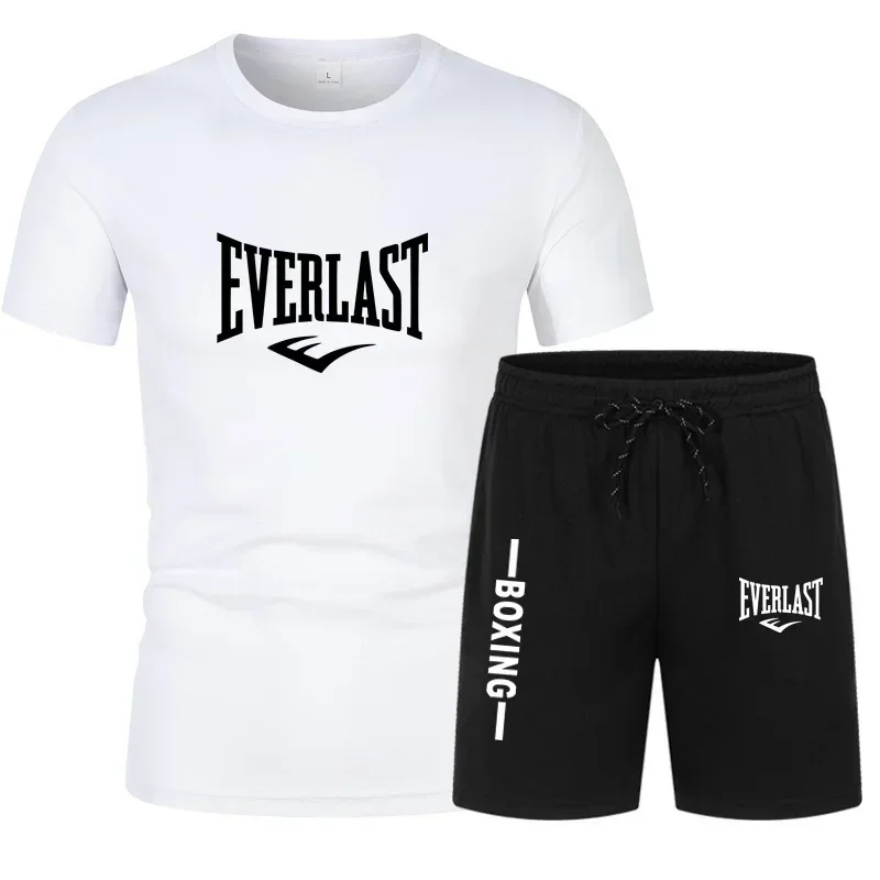 Summer T shirt Set For Men EVERLAST Print Men's T-shirt Short Sleeve+Shorts 2-Piece Set Oversized Casual Beach Sport Man Suit