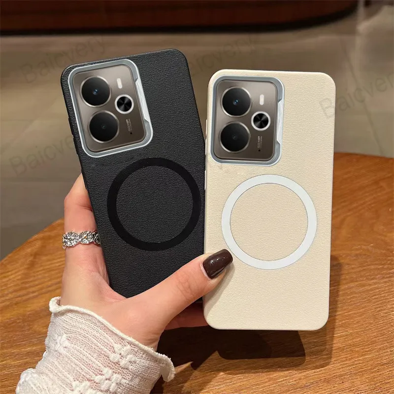 لـ Realme 14 5G / 14T غطاء منقوش من الجلد السيليكون الناعم مع ملصق مغناطيسي ذاتي اللصق