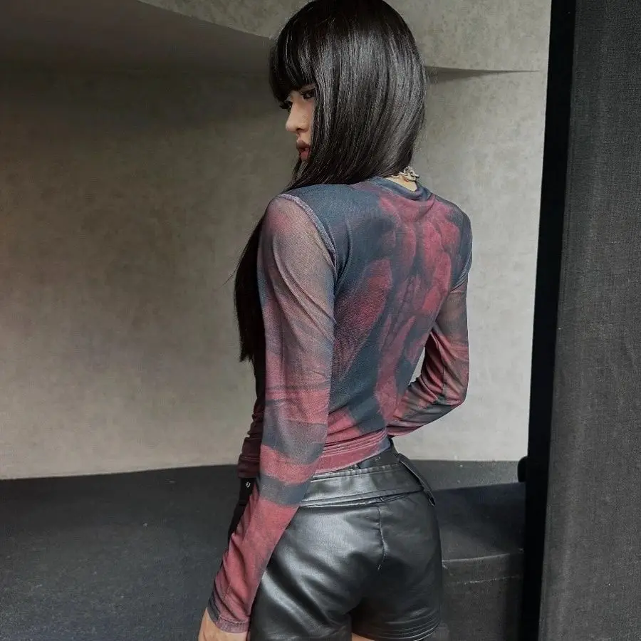 

Gagaok, женская футболка в американском стиле ретро, красные сетчатые футболки с длинными рукавами и принтом Spice Girl, осенний новый тонкий облегающий топ скинни