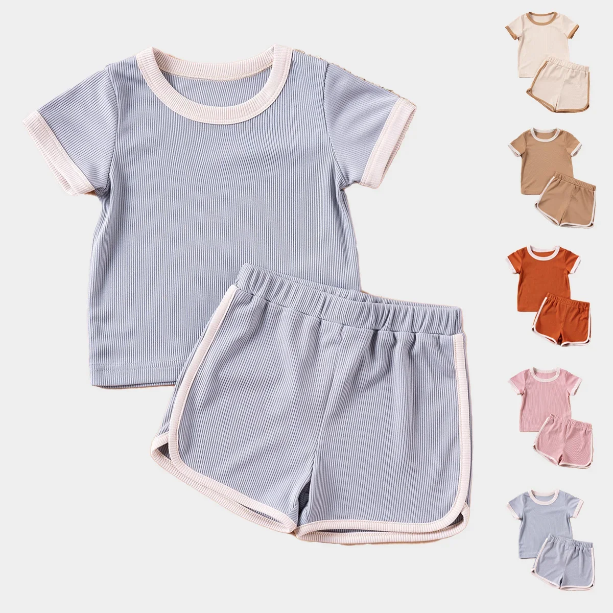 2024 Boys Girls Ribbed Summer Outfit Set Toddler Short Sleeve T-Shirt + Shorts Children 2Pcs Clothes Set Korean 1-6Y