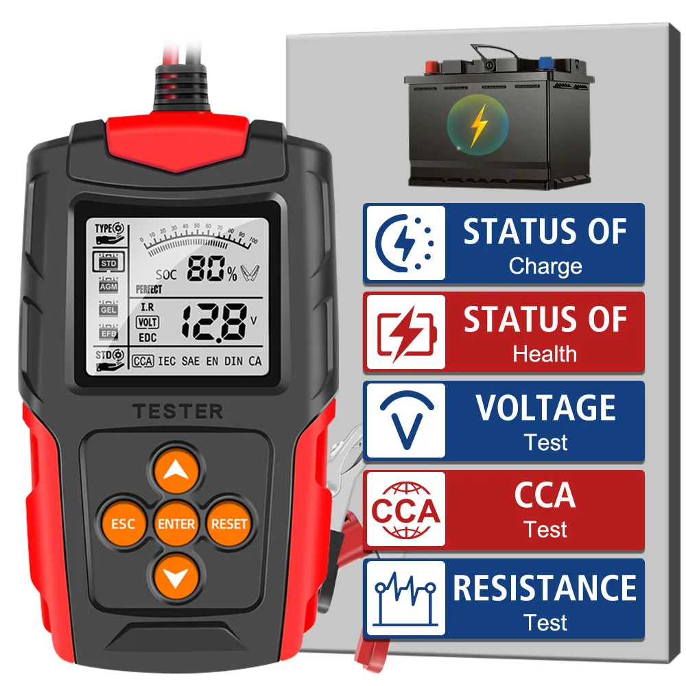 

Battery Analyzer Test Tool Digital SOH SOC CCA IR Measurement for Car Truck Car Motorcycle Battery Tester 12V 24V