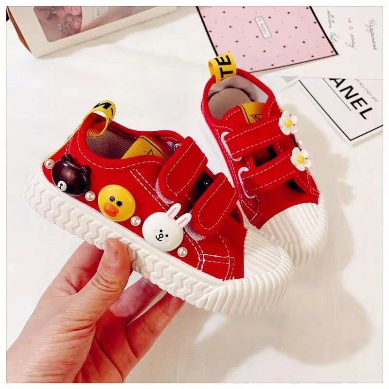 Winnie bear Spring and Autumn Canvas Shoes Girls Princess New Yellow Pink Flower Cartoon Baby Shoes Children's Casual Shoes