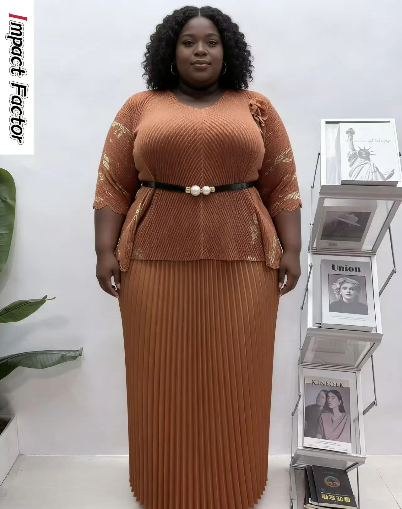 

2025 Autumn New Elastic Waist Splicing Decorative Pleated Long Skirt Set Loose V-neck Light Luxury Fashion Women's Clothing Set