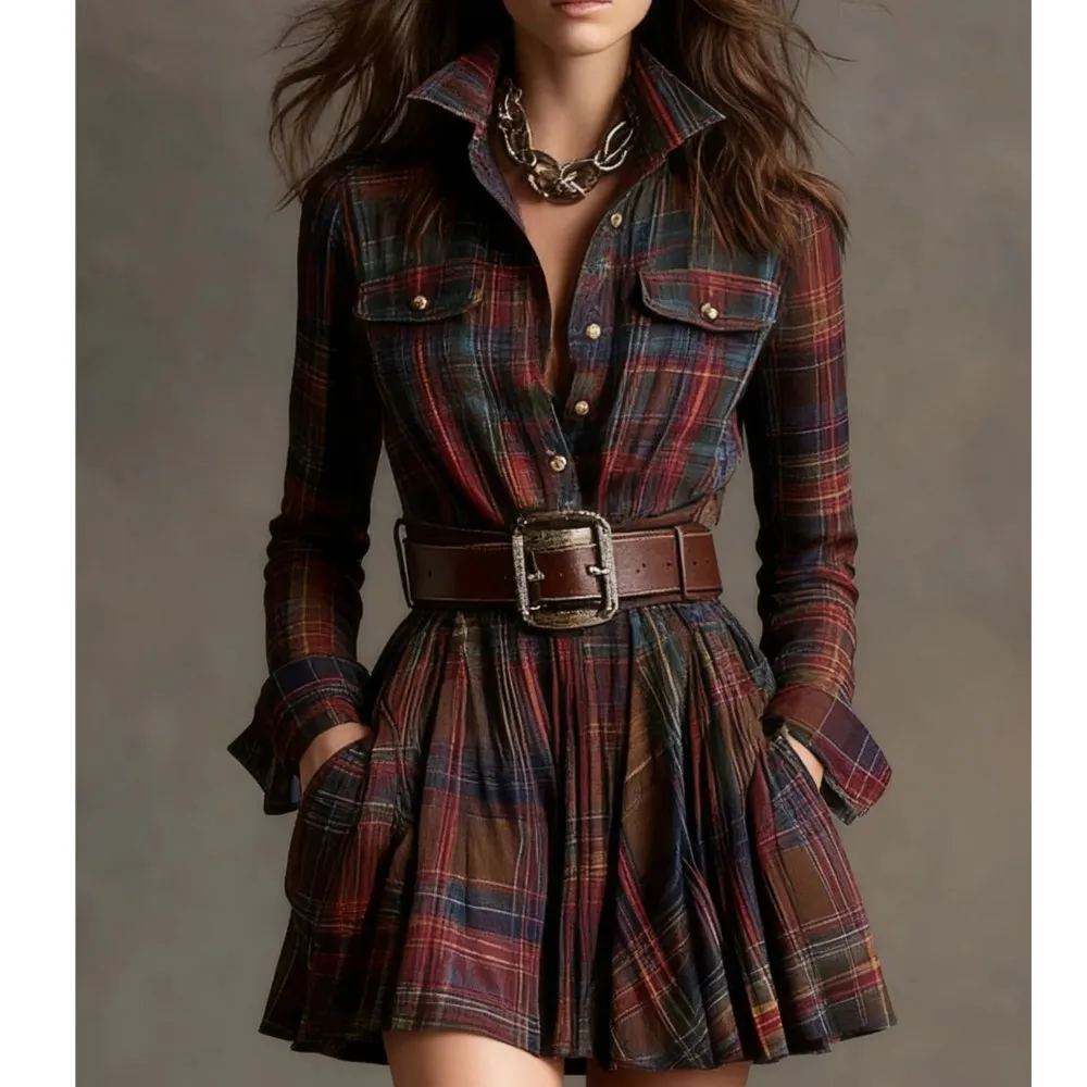

Printed Plaid Shirt Dress Spring Summer Women's New Fashion Waist Pocket Single-breasted Long-sleeved Short Dress Платье Женское