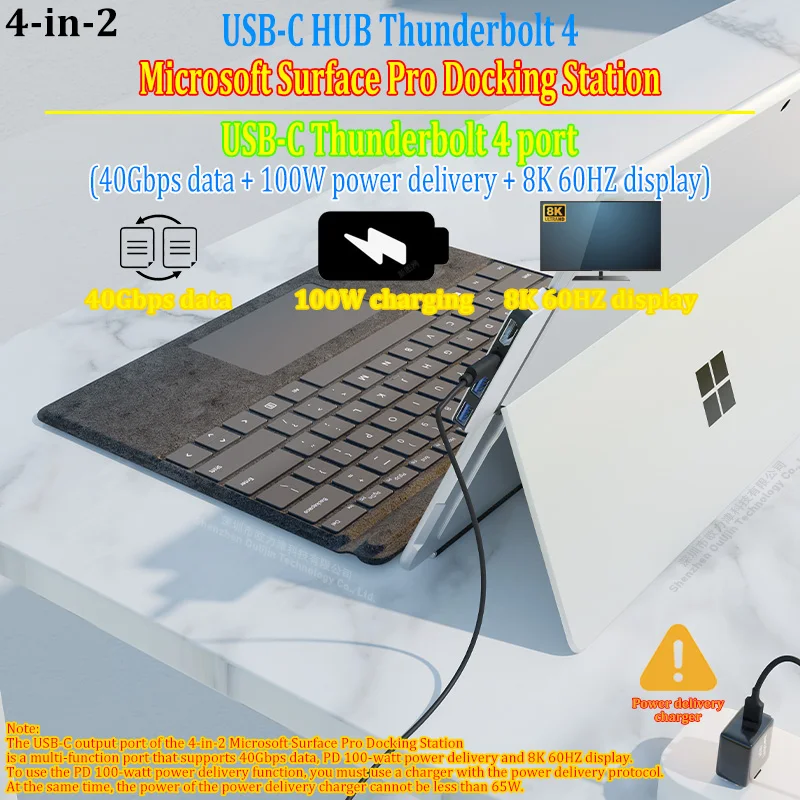 도킹 스테이션 USB-C Thunderbolt 4 허브 40Gbps 데이터 100W 충전 8K 60HZ 디스플레이 Microsoft Surface pro9 Surface pro8 및 Surface proX용 액세서리