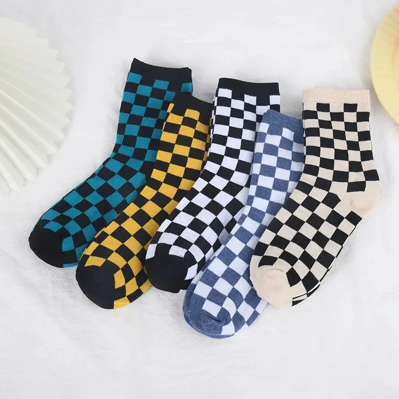 5 Pairs/Set Colourful Checkerboard Unisex Socks Simple Plaid Use For Daily Sports Suit In All Seasons