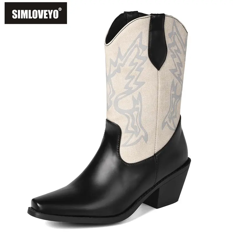 

SIMLOVEYO2025 Новые сапоги в стиле вестерн в стиле Cowgirl с квадратным носком, 6,5 см, блочные каблуки, слипоны, разноцветные, большой размер 43 44 45 46, осень до середины икры