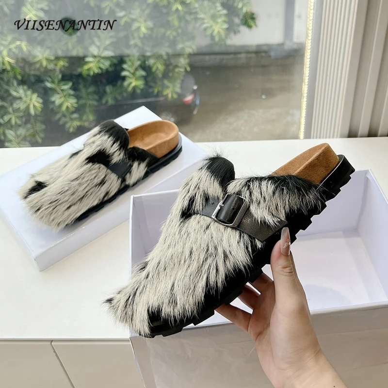 

Brand Design Wool Fur Split Toe Flats Half Slippers Women Wrap Toe Belt Buckle Mules Slides Summer Fashion Casual Walking Shoes