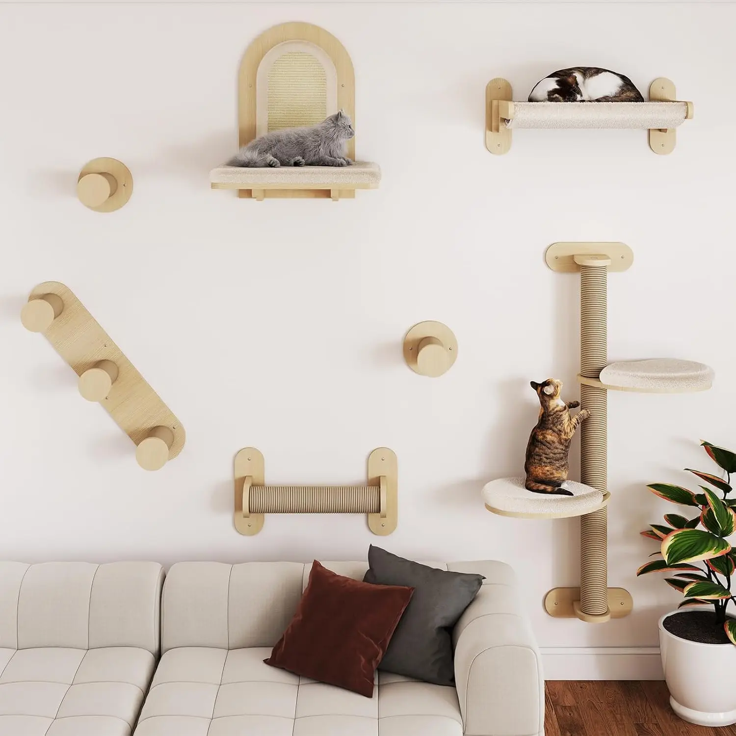 

7Pcs Cat Wall Shelves, Solid Wood Indoor Cat Tree, Multi-Levels, Sturdy Wooden Wall Mounted ClimFrames with Scratching Posts
