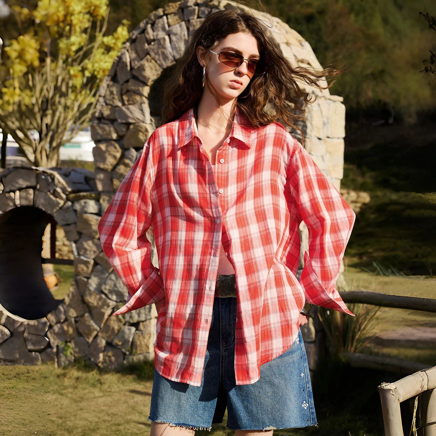 TOYOUTH Mulheres Camisas de Algodão 2026 Primavera Novo Retro Xadrez Estilo Hong Kong Casual Versátil Blusas Tops