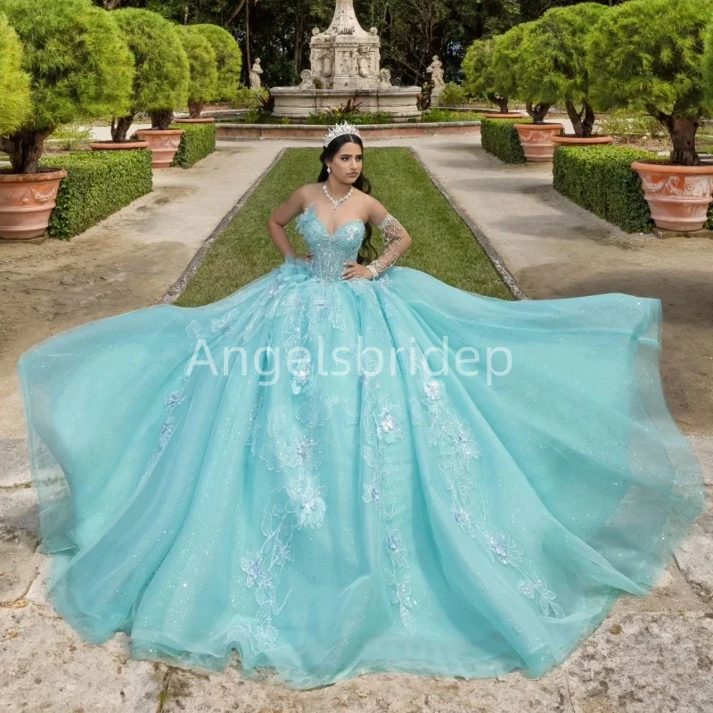 Angelsbride Water Blue Ball Gown Quinceanera Dresses Vestidos De 15 Quinceañera Glitter Sequined Princess Girl Party Dress