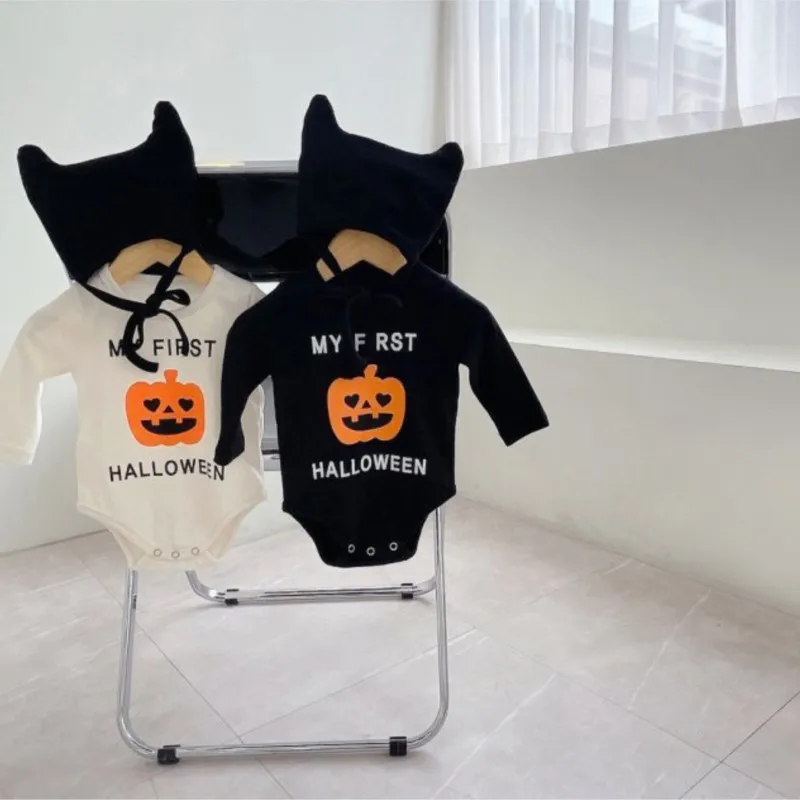 Newborn Baby Boy Girl Cotton Halloween Pumpkin Printed Romper+Hat+Socks Infant Festival Jumpsuit Suit Autumn Party Clothes 3-18M