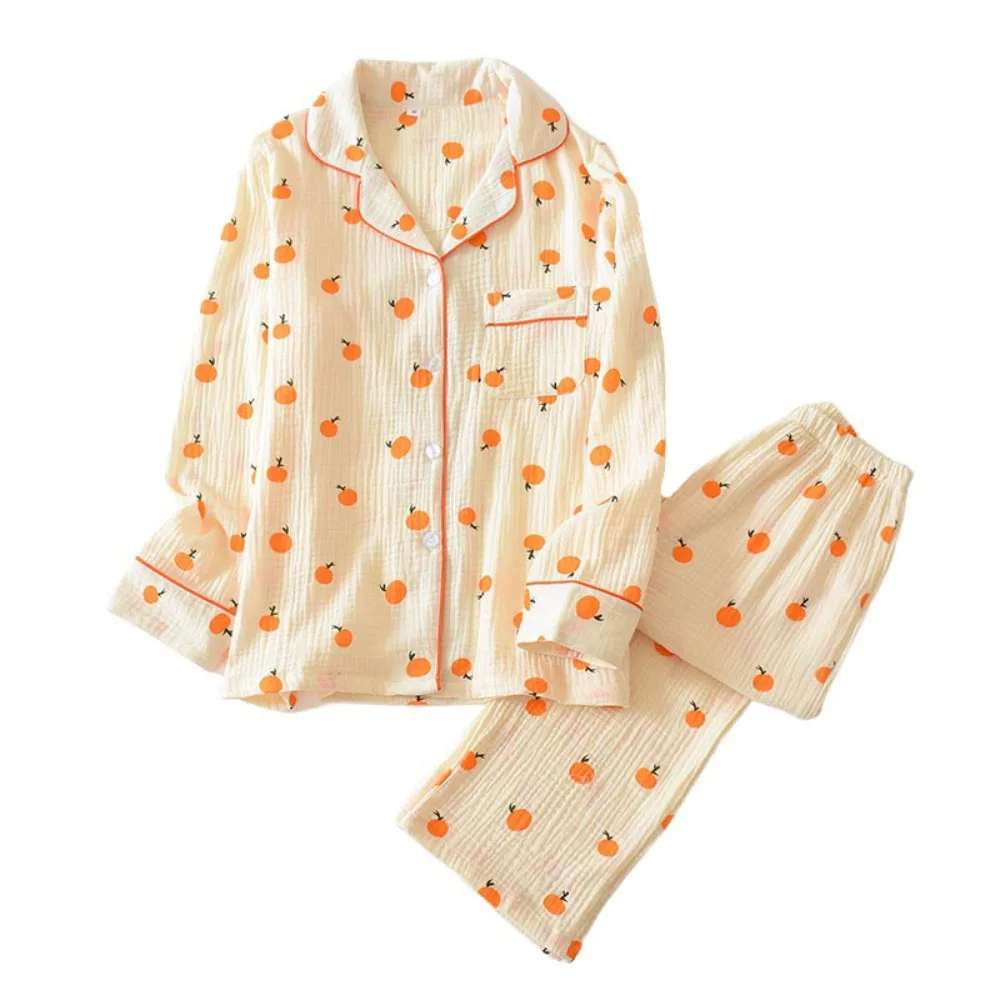 

Cute V-neck Fruits Pajamas Suit Sweet Loose Orange Nightdress Set Short-sleeves Homewear Two Piece Nightwear Home