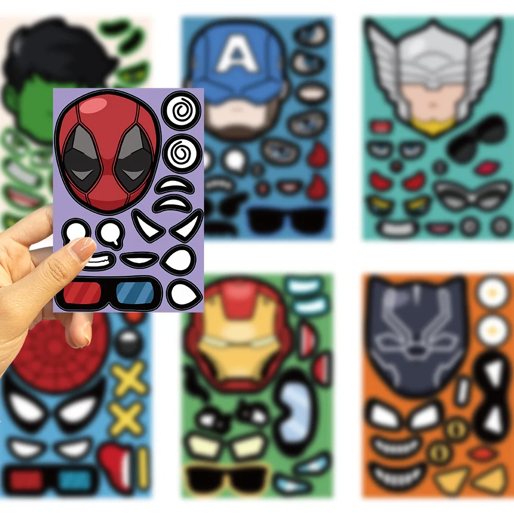 8pcs Super Hero DIY Puzzle Stickers Make A Face Funny Cartoon Sticker Decals Assemble Jigsaw Children Boy Toy Gift Stiker
