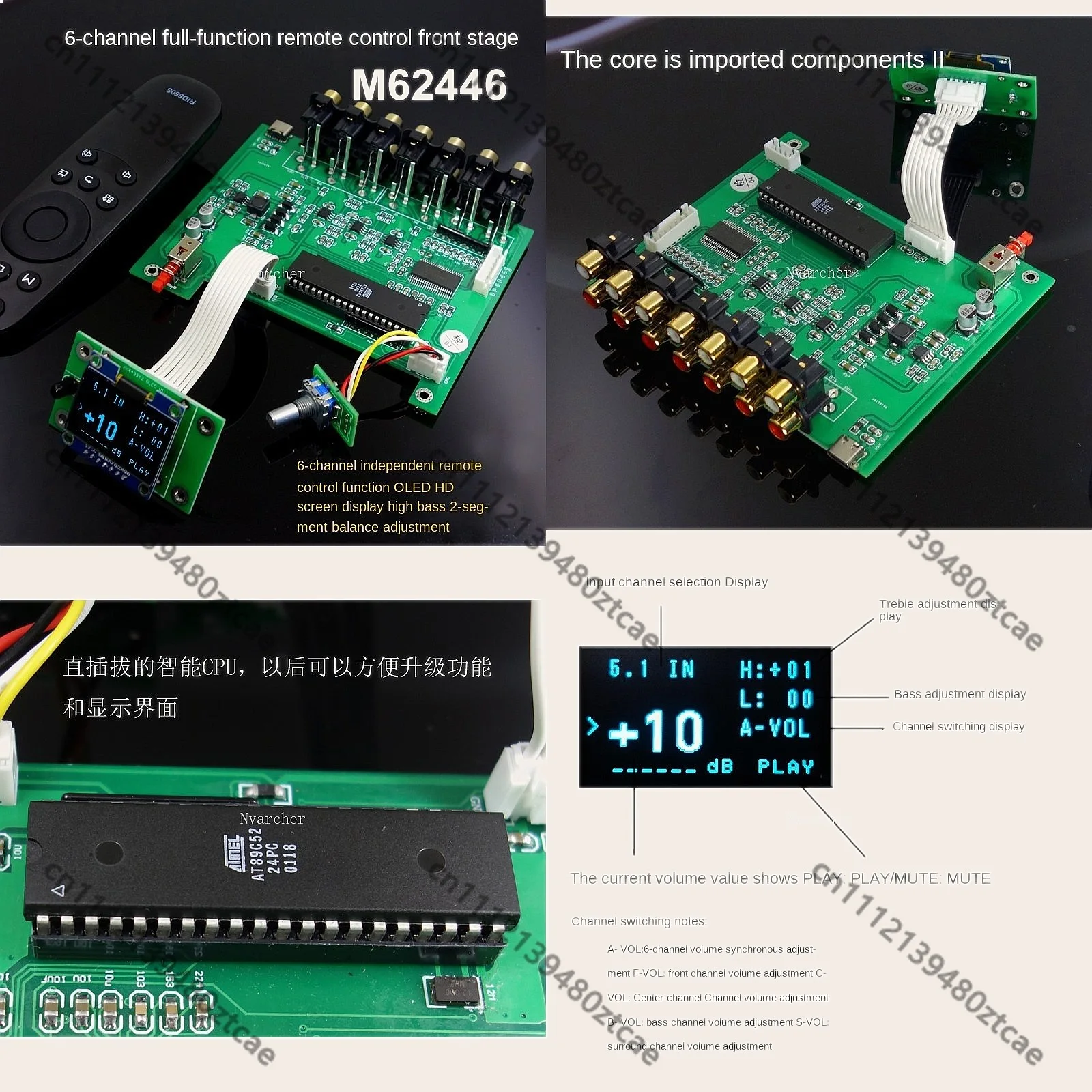 Nvarcher M62446 6 Channel Remote Control Volume Preamplifier OLED Display 5.1 Audio Amplifier Board