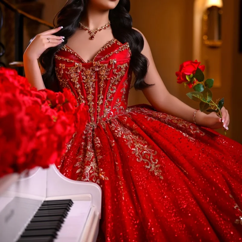 

Shiny Red Quinceanera Dress off-shoulder Golden Glitter Crystal Decal Layering Long tail vestidos de 15 Quinceanera ﻿Customized