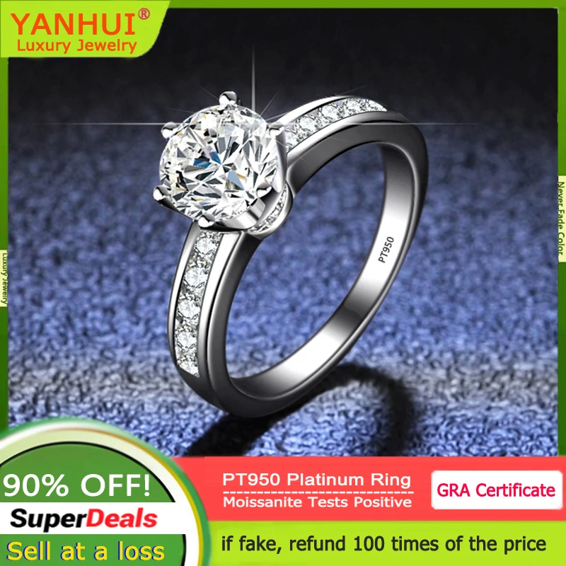 

YANHUI 1 Carat D Color VVS1 Moissanite Rings for Women Luxury Eternal PT950 Platinum Rings Sparking Diamond Band Luxury Jewelry