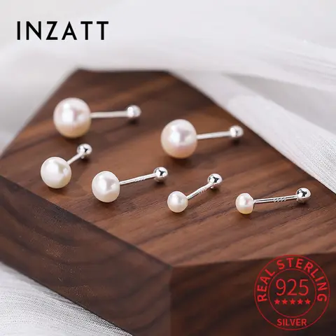 INZATT 패션 여성을위한 진짜 925 스털링 실버 라운드 진주 구슬 스터드 귀걸이 클래식 파인 쥬얼리 미니멀리스트 액세서리