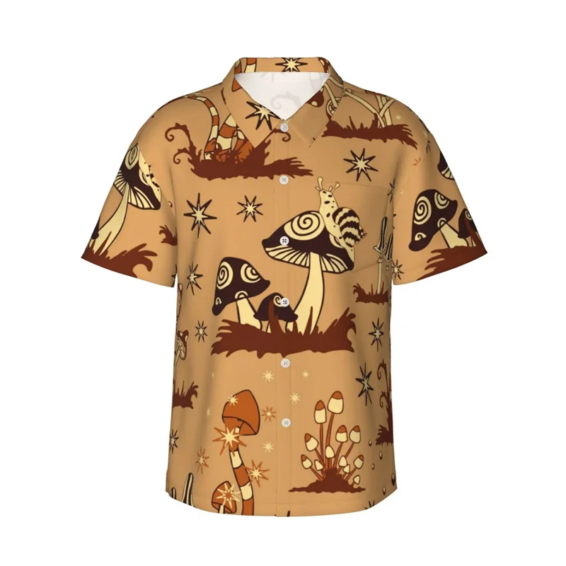 New Men's Short Sleeve Button Down Shirts Hawaiian Forest Mushrooms Printed Beach Shirt Casual Women's Hawaiian Shirts Kid Tops