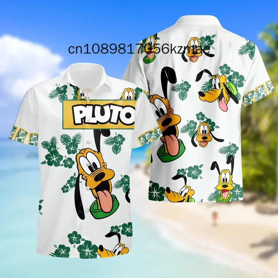 Disney Pluto Dog Orange Green Strips Summer Tropical Men and Women Hawaiian Shirt