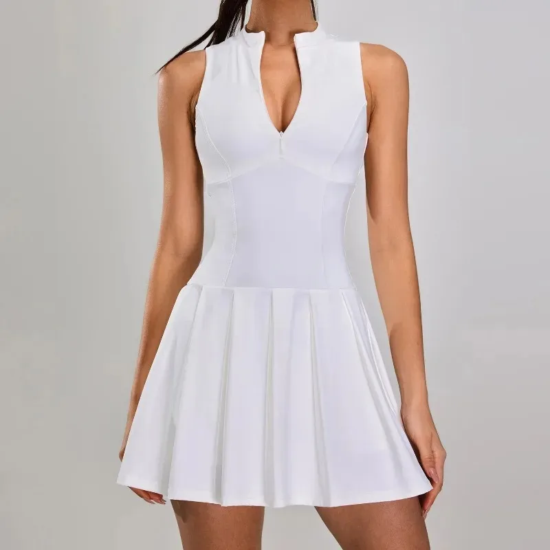 

Теннисное платье для тренировок со встроенными шортами Белая молния спереди Поддельные две антилегкие плотные спортивные мини-платья для фитнеса и гольфа