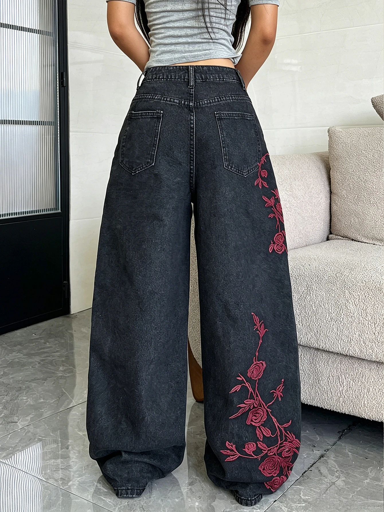 Young Women High Waist Wide Leg Vintage Jeans Side Rose Embroidery Daily Wear Slim Draped Pants