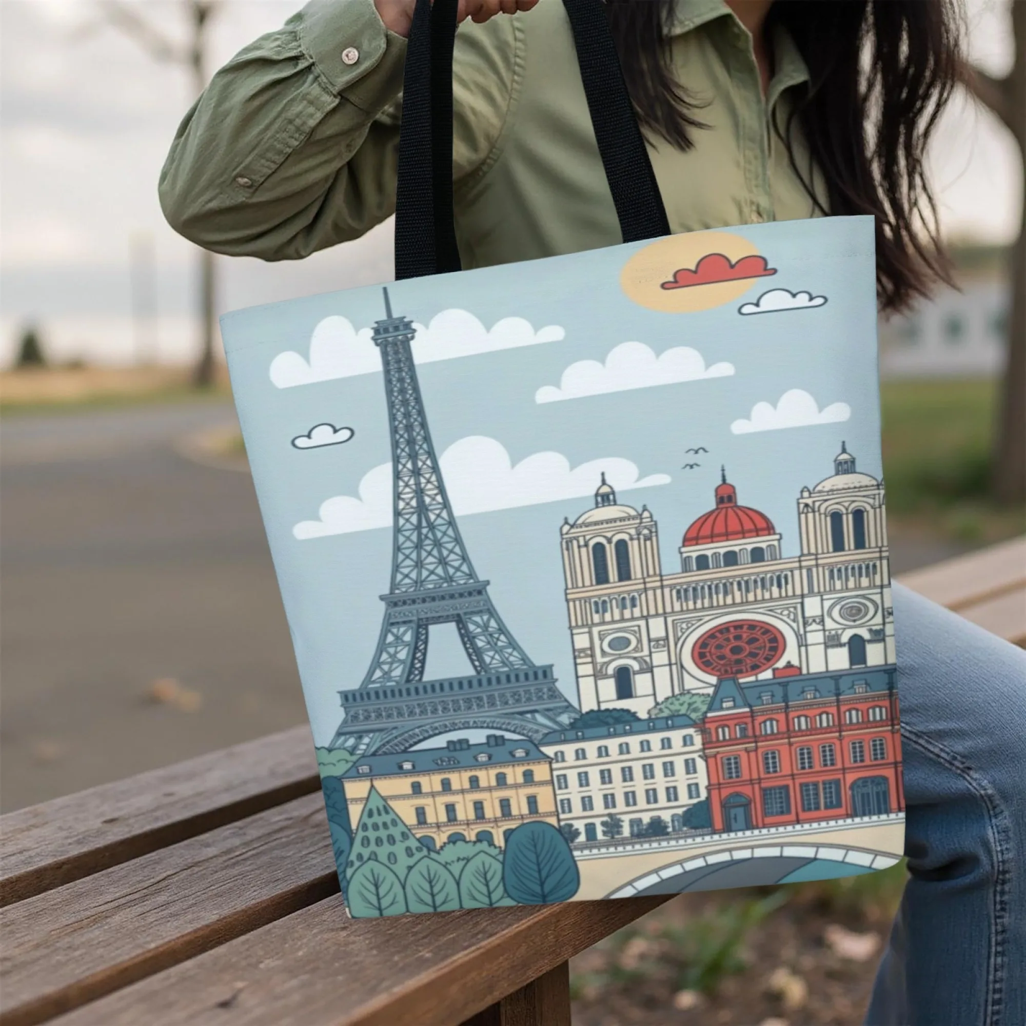 Urban Parisian Canvas Tote Bag City Landmark Art Print Women's Stylish Reusable Shopping Bag for Parisian Aesthetic Daily Life