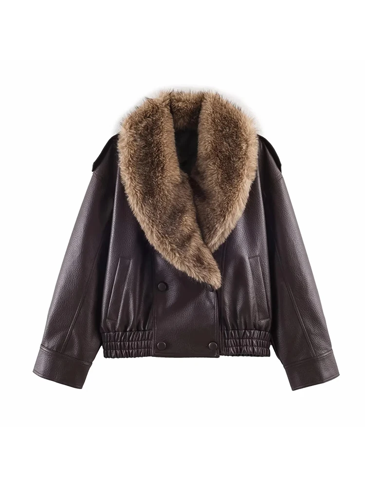 المرأة الجديدة خريف شتاء بولي Leather سترة جلدية فو الفراء التلبيب سترة فضفاضة معطف المرأة موضة خمر الشارع الشهير سترة للسيدات