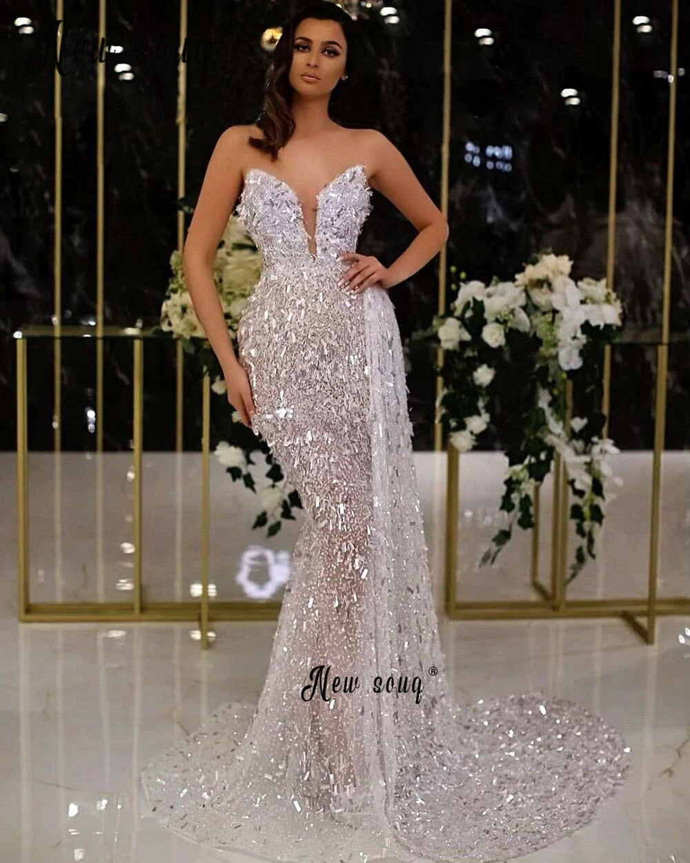 Elegant Beaded Mermaid Evening Dress Women Wedding Party Gowns Arabic Formal Prom Dress with Overskirt  Vestidos De Noche