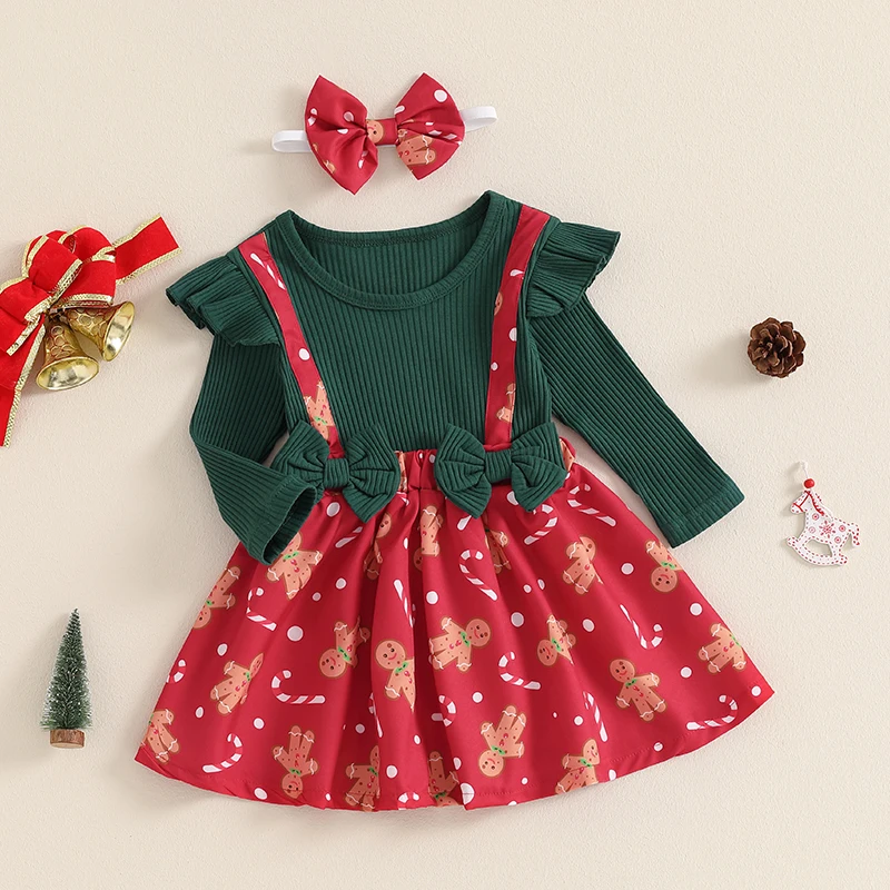 Toddler Baby Girls Christmas Skirt Set Plaid Gingerbread Man Bow Long Sleeve Ribbed Ruffled Overall Dress Headband 2Pcs Outfit