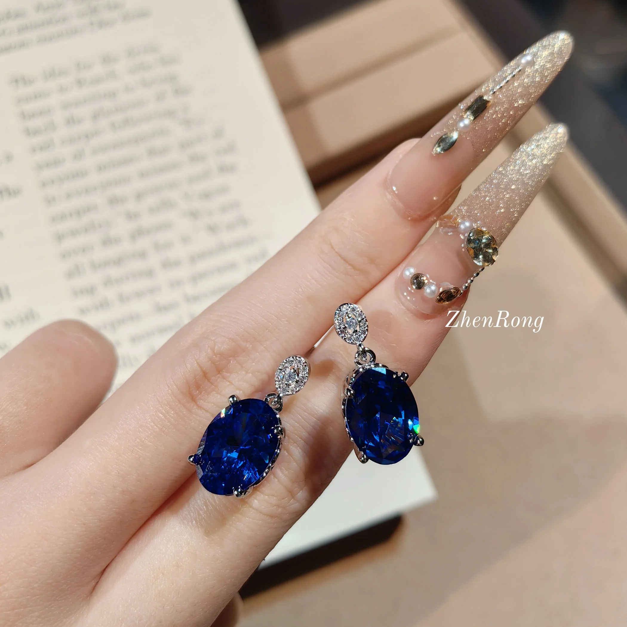 Premium Heavy Industry Blue and Pink Zircon Jewelry Set, Luxurious Full Zircon Colorful Earrings - Image 6