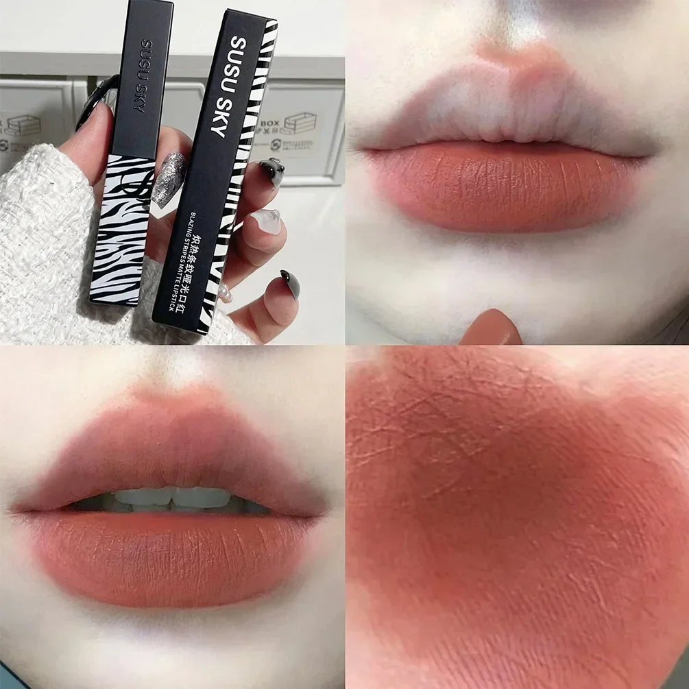 Batom fosco heallor stripe, retrô de veludo, vermelho, marrom, bálsamo colorido, impermeável, com mudança de cor, copo antiaderente, esmalte labial, lápis labial C