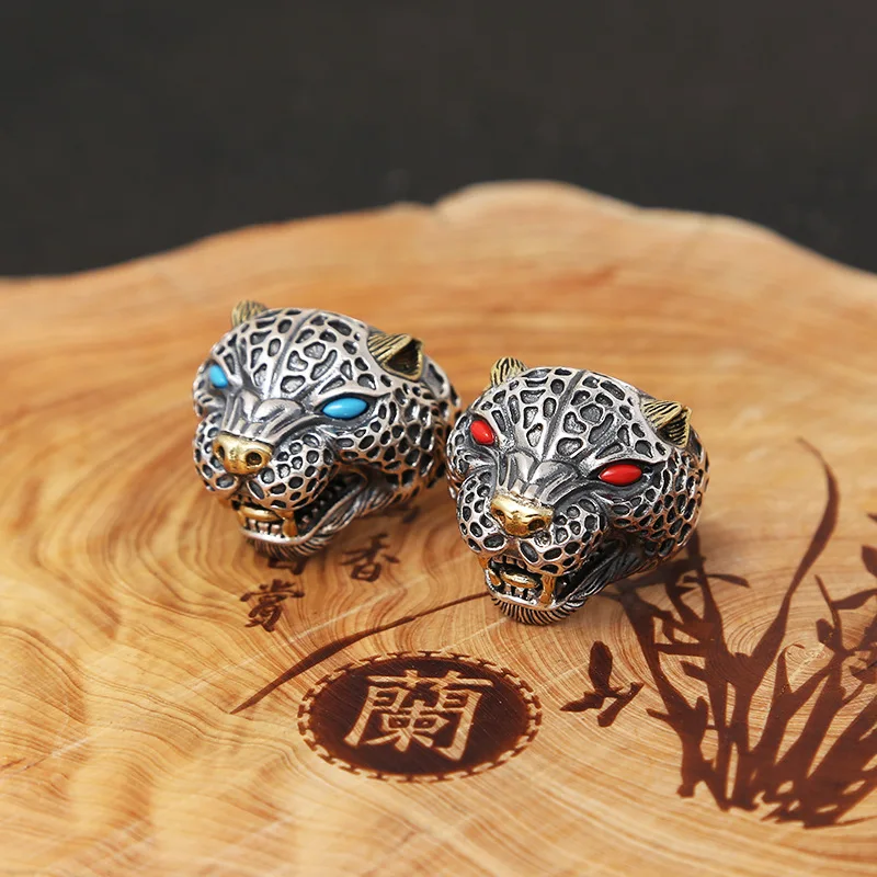 

925 sterling silver jewelry with exaggerated personality, Thai silver ring inlaid with turquoise leopard head ring, single men's