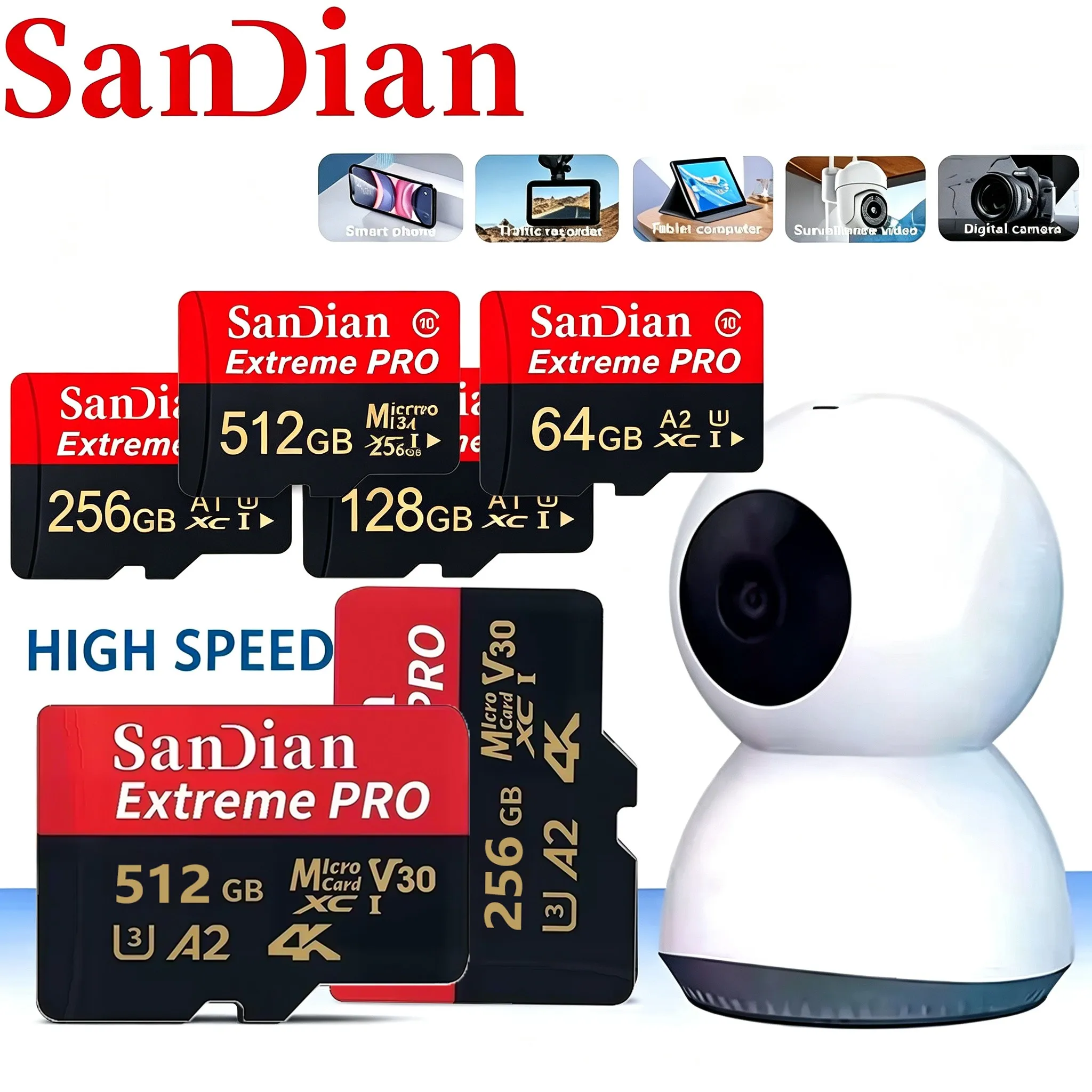 بطاقات ذاكرة TF، بطاقة Micro TF SD، سعة 32 جيجابايت، 128 جيجابايت، 256 جيجابايت، 512 جيجابايت، بطاقات SD، فئة U3 V30، أداء ثابت لأجهزة الكمبيوتر والأجهزة الرقمية.
