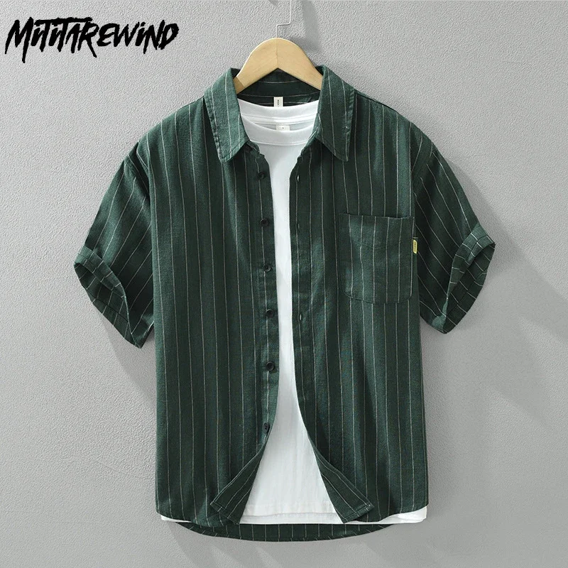 

Японская винтажная мужская полосатая рубашка, дышащая хлопковая льняная рубашка, повседневная повседневная рубашка, летние мужские рубашки с коротким рукавом, свободные топы