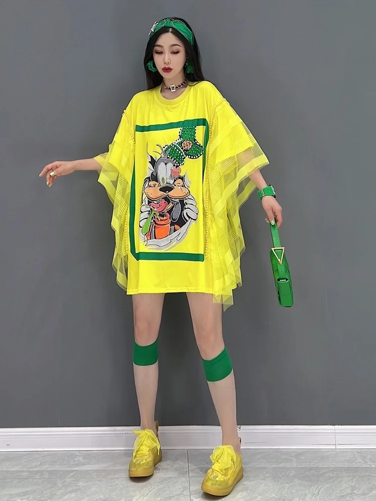 Vefadisa 2024 Summer New Fashion T-shirt Mesh Splice Loose Print Casual Women Wear Yellow And White Trendy Girl T-shirt ZY488
