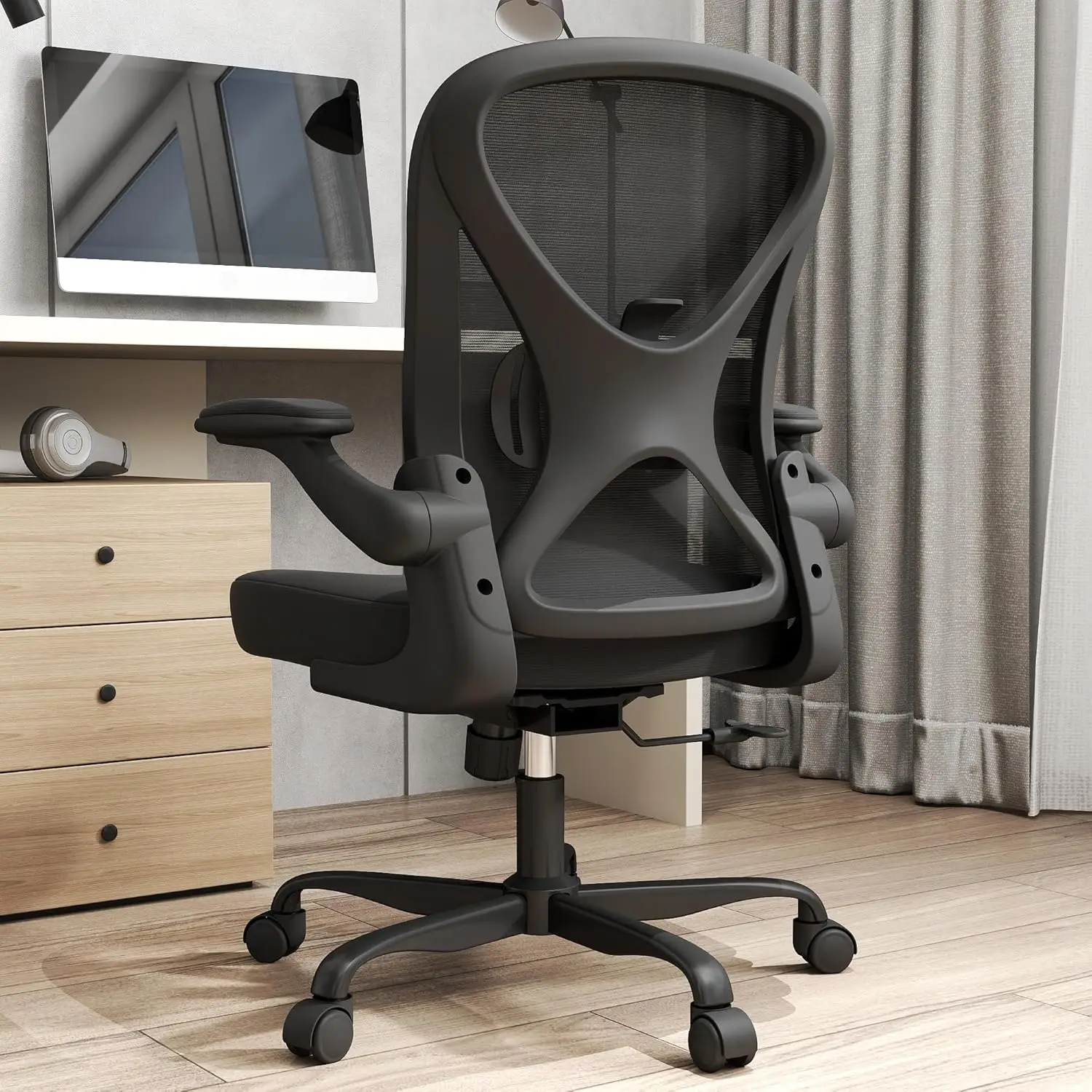 

Mesh Office Chair with Adjustable Lumbar Support, Ergonomic Home Office Desk Chair with Wheels and Flip-up Arms, Black