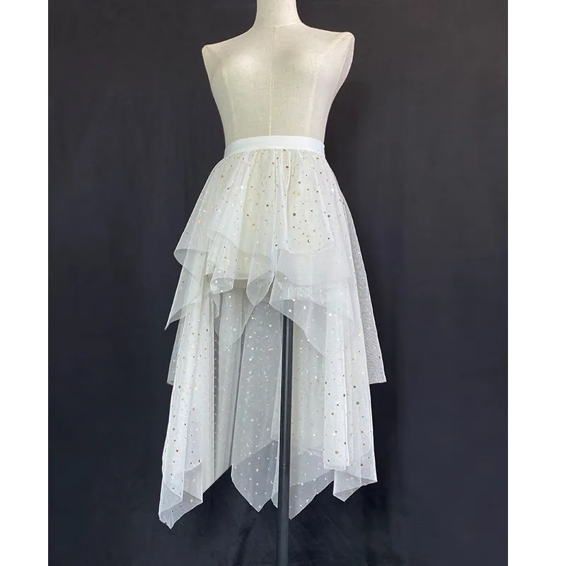 Original Shiny Sequins Irregular Swallowtail Short Front and Long Back Mesh Skirt High Waist Mid-length Perspective Mesh Skirts