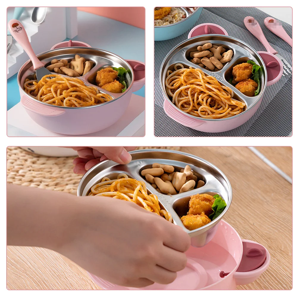 

1Set Baby Feeding Bowl Stainless Steel Suction Base Keep Warm Food Container for Toddlers Independent Eating Training Cartoon