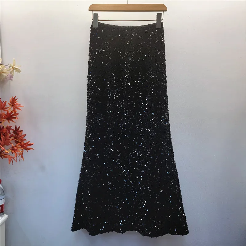 유럽 스타일 한국 버전 우아한 A라인 바디콘 롱 스커트 여성 섹시 반짝이는 헤비 시퀸 스커트 미디 길이 머메이드 스커트