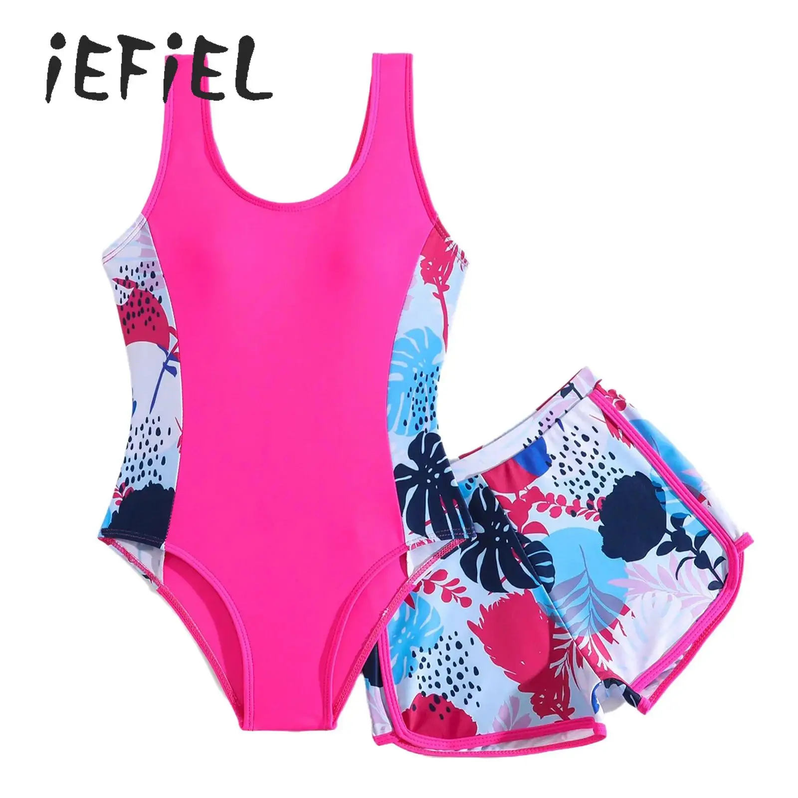 

Girls Printed Slimming One Piece Sleeveless Swimsuits with Shorts Two-Pieces Bathing Suit Swimwear for Beach Holiday Surfing