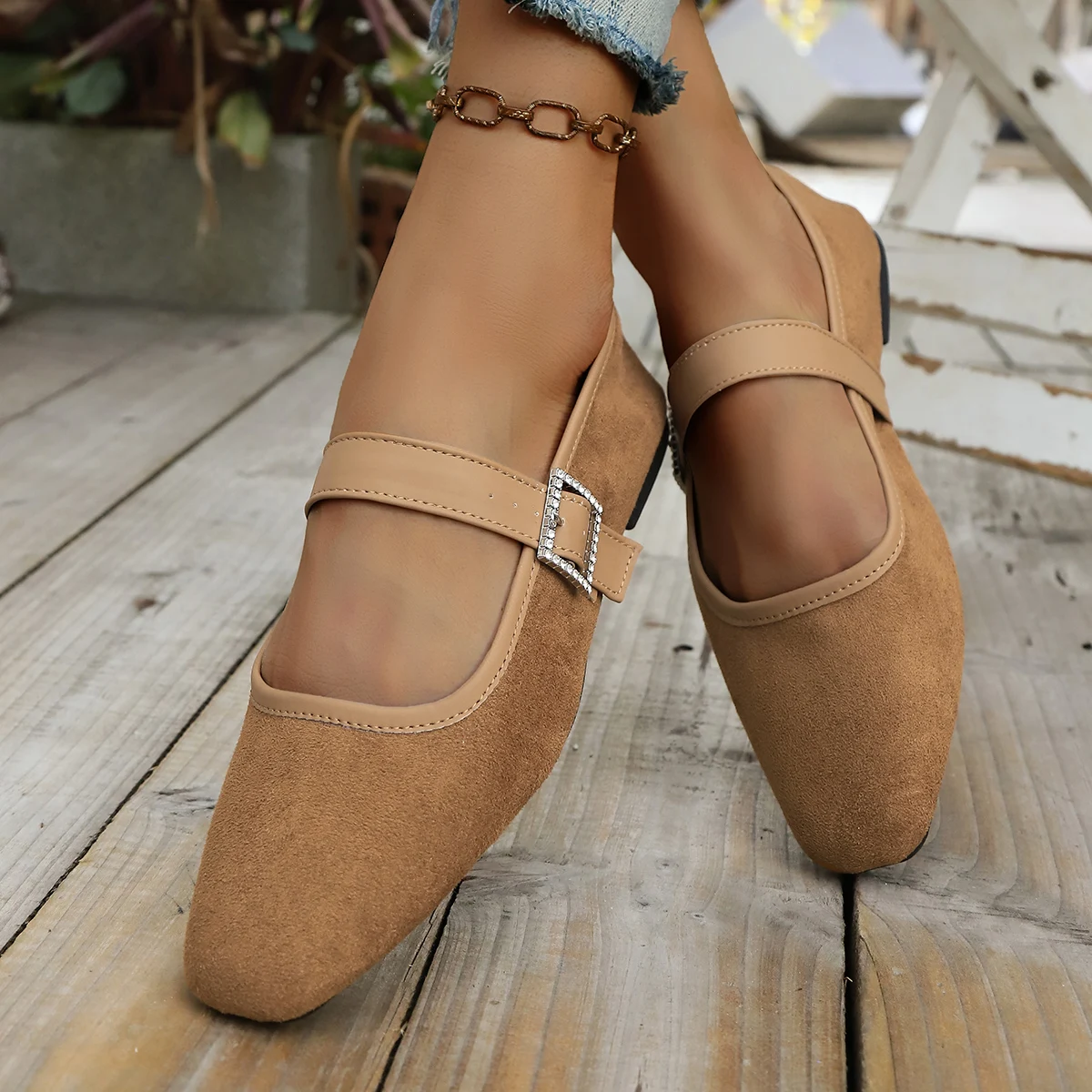

Retro Brown Faux Suede Ballet Flats Women Fashion Round Toe Narrow Buckle Mary Jane Shoes Elegant Cozy Flats Zapatos Mujer