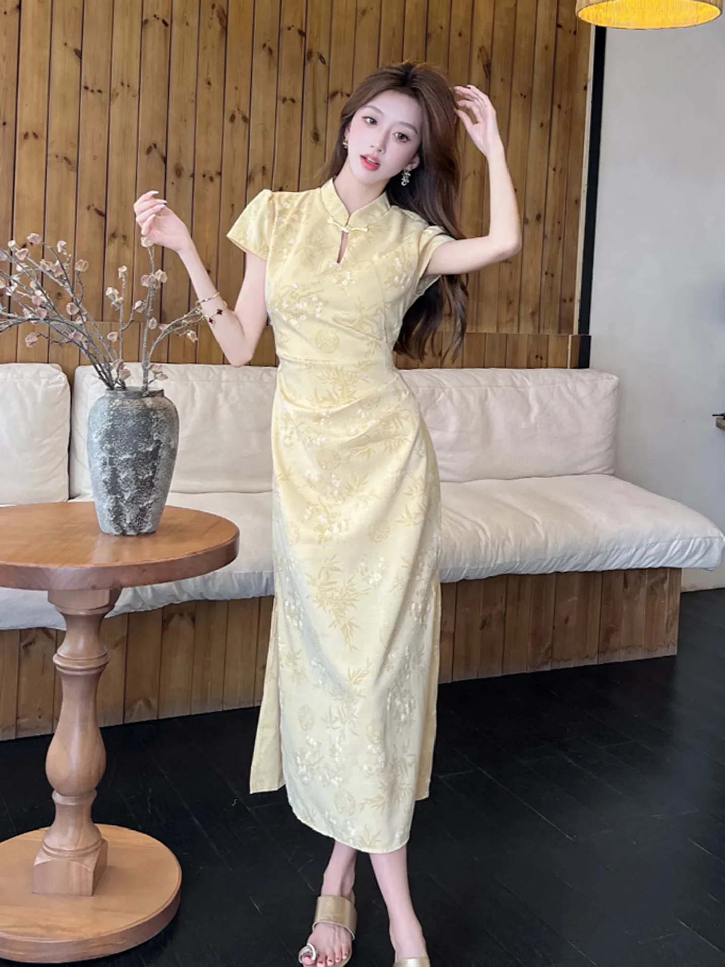 

National Style New Chinese Improved Jacquard Cheongsam Dress, Women's Retro Side Slit A-line Mid Length Skirt Printing Summer